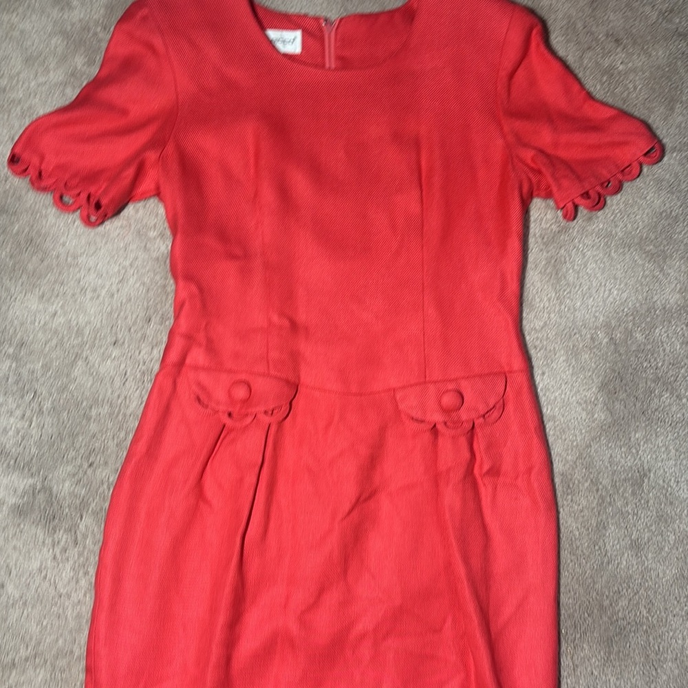 Donna Ricco women’s 4 vintage scallop trim red Orange short Sleeve Midi Dress